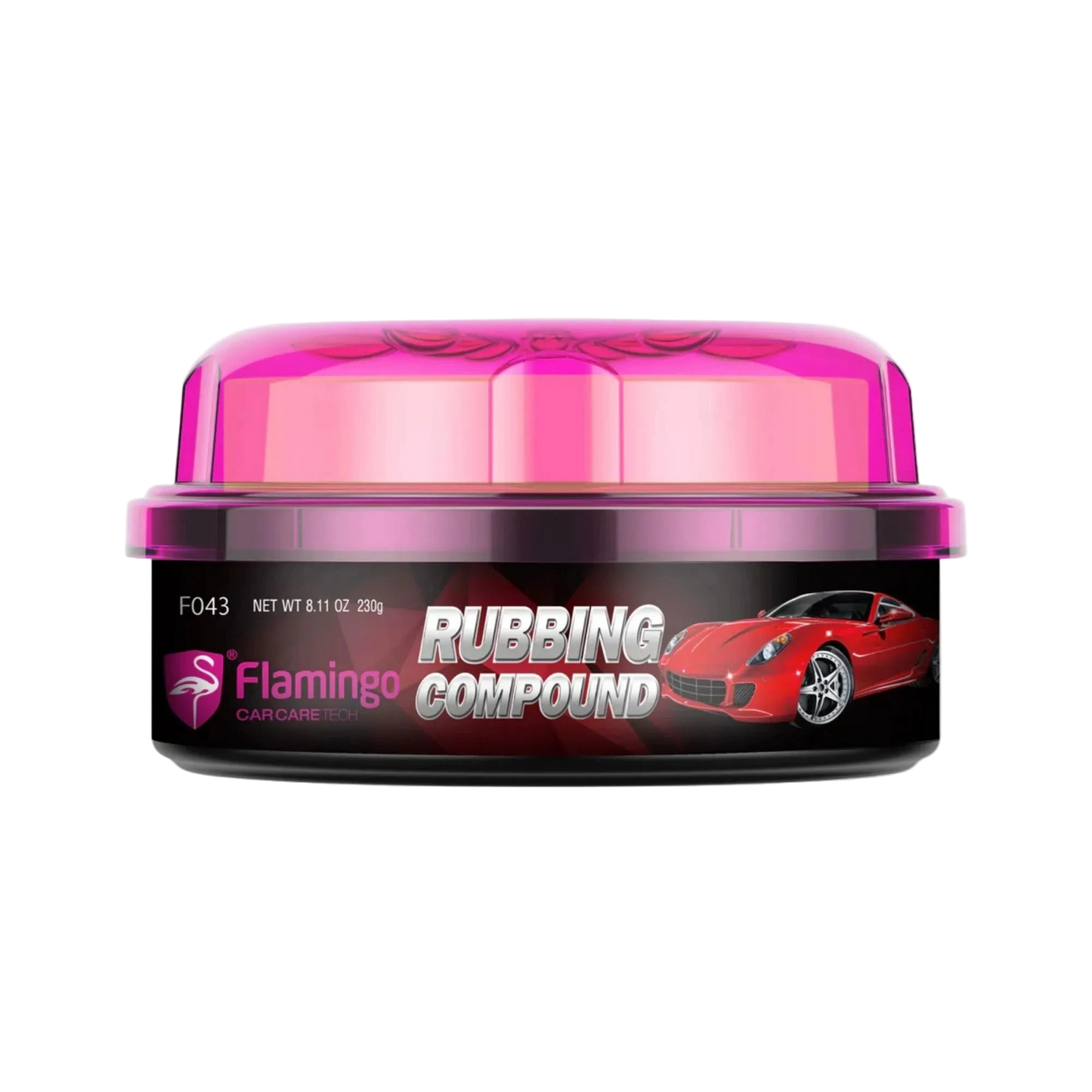 Jar of Flamingo Rubbing Compound with pink lid on a white background