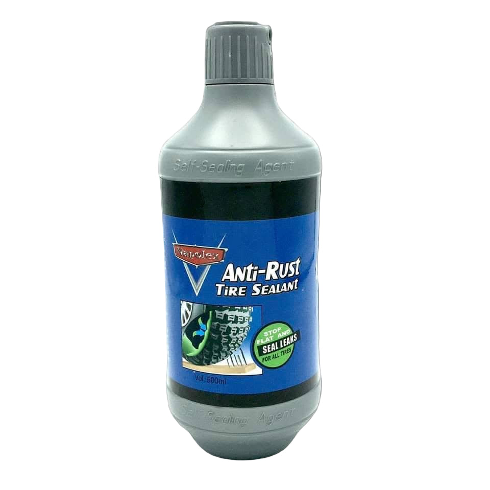 Bottle of anti-rust tire sealant with blue label on a white background