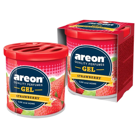 Areon Strawberry gel perfume packaging with red lid and box on a white background
