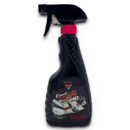 A black spray bottle with a red cap labeled as 'Napolex Cockpit Interior Polish - Matte Finish'.